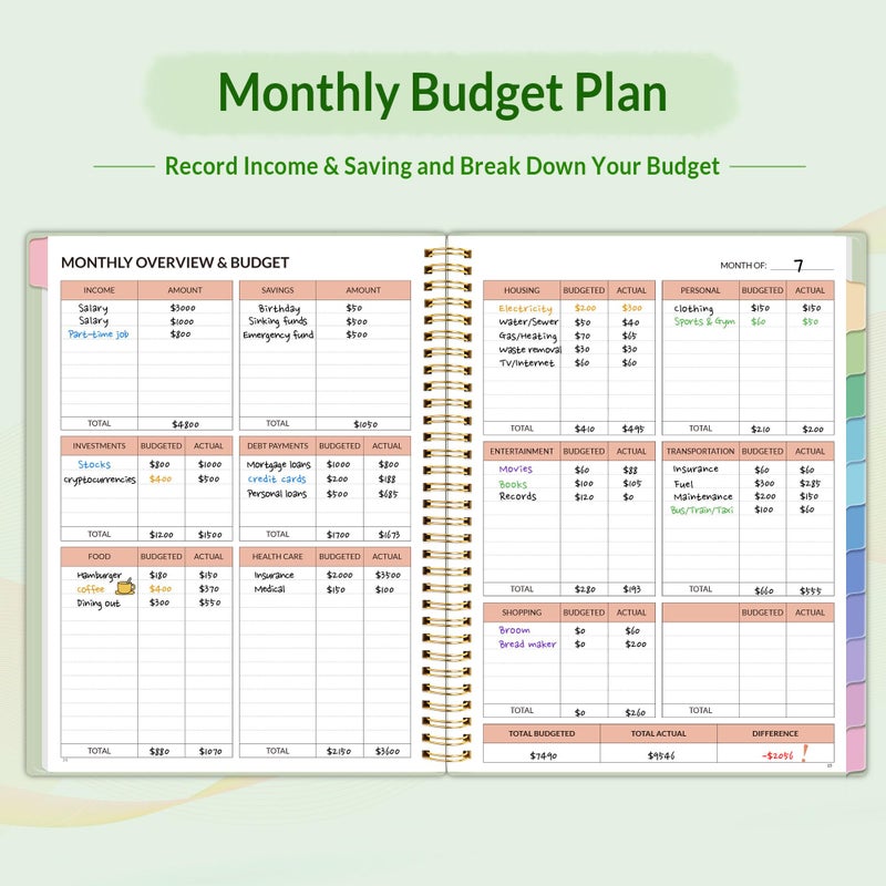SUNEE Budget Planner - Monthly Budget Book with Expense Tracker Notebook, A4(8.5"" x 11"") Undated 12 Month Bill Organizer & Finance Planner to Manage Your Money, Account Book with Colorful Tab, Green - Image 3